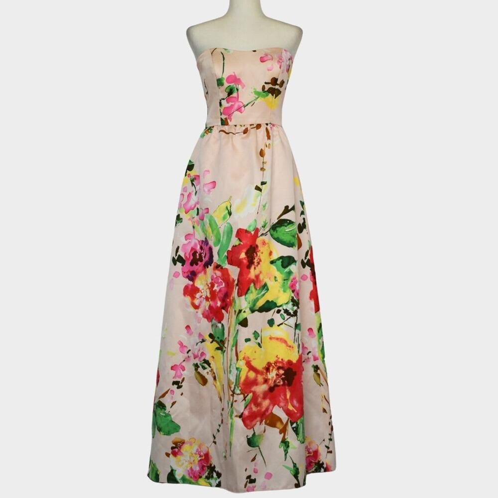 ALFRED SUNG Women's Watercolor Floral Print Strapless Maxi Dress Size 4